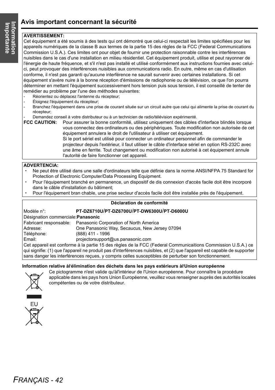 Rançais - 42, Avis important concernant la sécurité, Information importante | Panasonic DLP PT-D6000U User Manual | Page 42 / 50