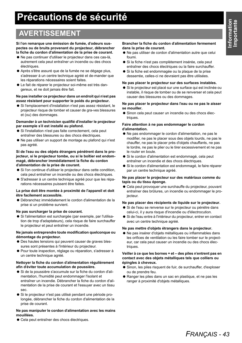 Précautions de sécurité, Avertissement, Rançais - 43 | Information importante | Panasonic DLP PT-D6000U User Manual | Page 43 / 50