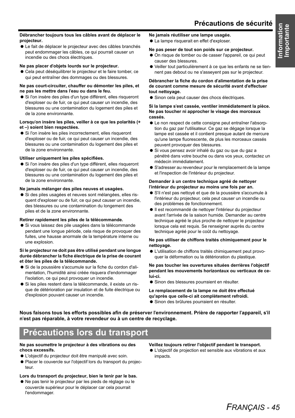 Précautions lors du transport, Rançais - 45, Précautions de sécurité | Information importante | Panasonic DLP PT-D6000U User Manual | Page 45 / 50