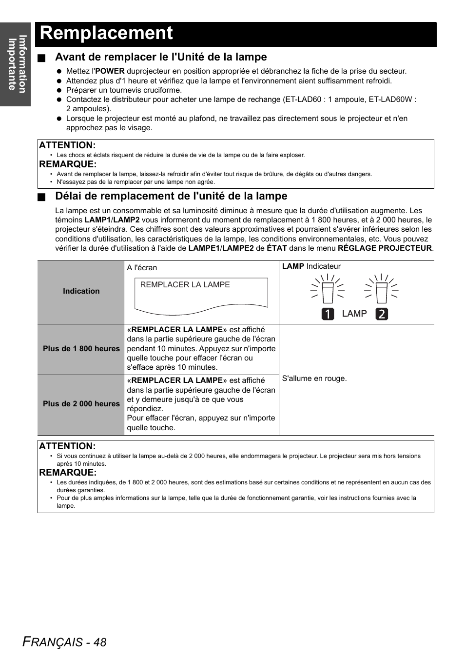 Remplacement, Rançais - 48, Avant de remplacer le l'unité de la lampe | Délai de remplacement de l'unité de la lampe | Panasonic DLP PT-D6000U User Manual | Page 48 / 50