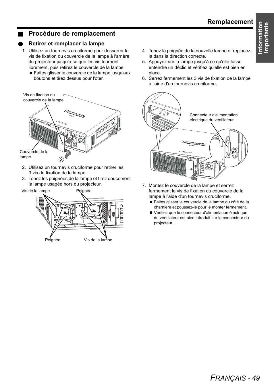 Rançais - 49, Remplacement, Procédure de remplacement | Information importante | Panasonic DLP PT-D6000U User Manual | Page 49 / 50