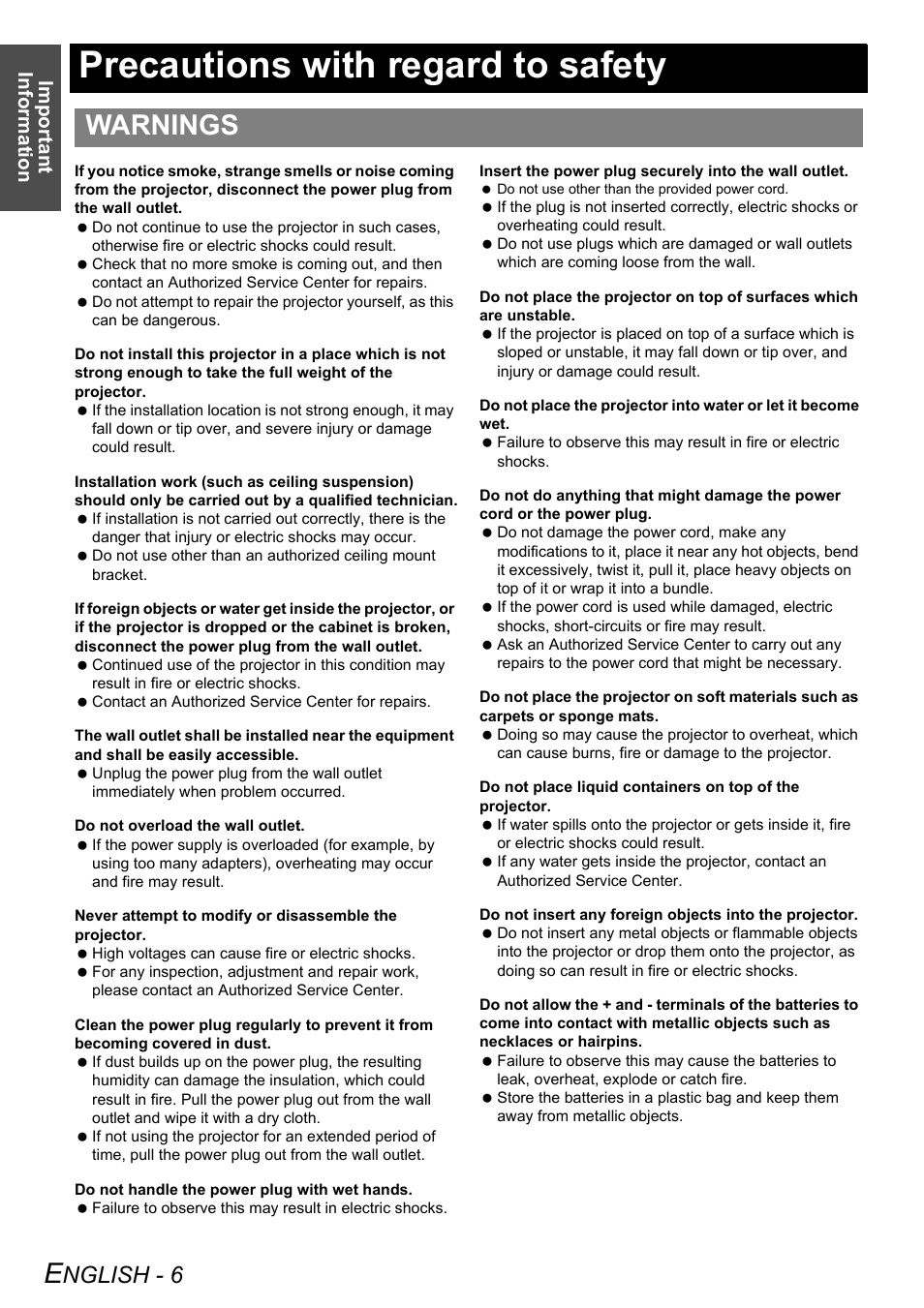 Precautions with regard to safety, Warnings, Nglish - 6 | Important information | Panasonic DLP PT-D6000U User Manual | Page 6 / 50
