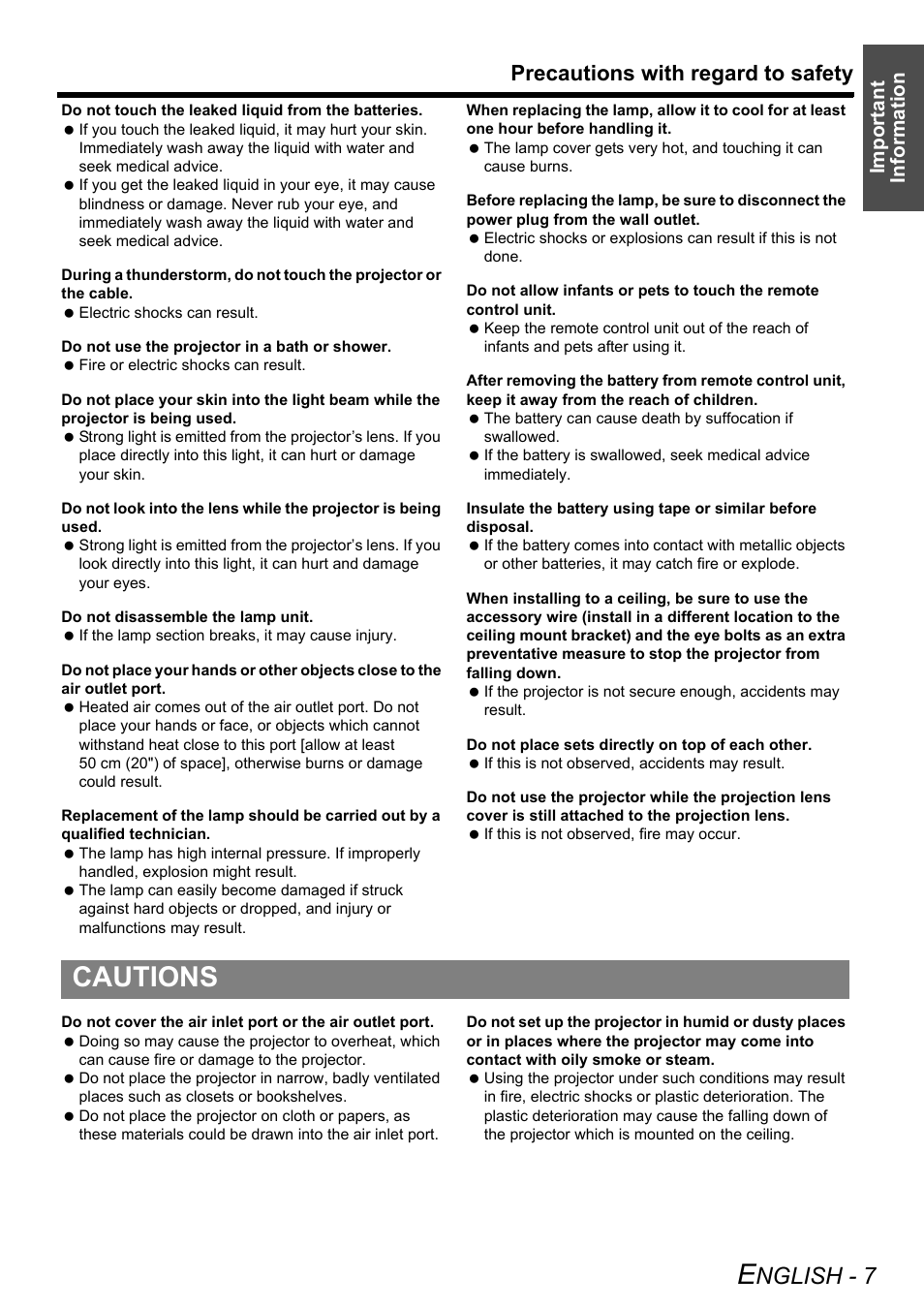 Cautions, Nglish - 7, Precautions with regard to safety | Important information | Panasonic DLP PT-D6000U User Manual | Page 7 / 50