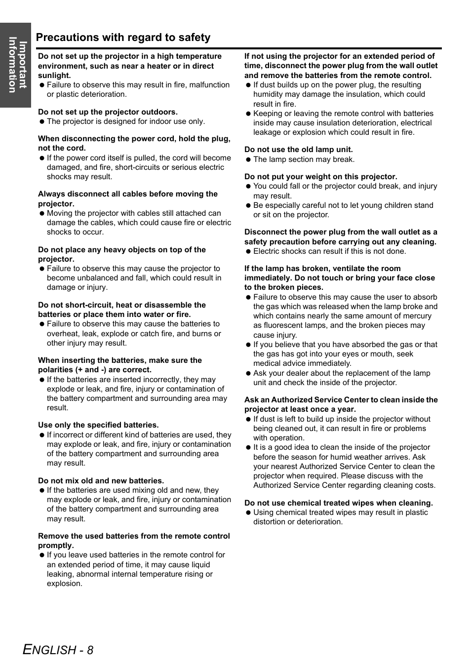 Nglish - 8, Precautions with regard to safety, Important information | Panasonic DLP PT-D6000U User Manual | Page 8 / 50
