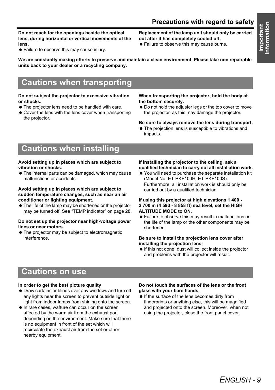 Cautions when transporting, Cautions when installing, Cautions on use | Nglish - 9, Precautions with regard to safety | Panasonic DLP PT-D6000U User Manual | Page 9 / 50