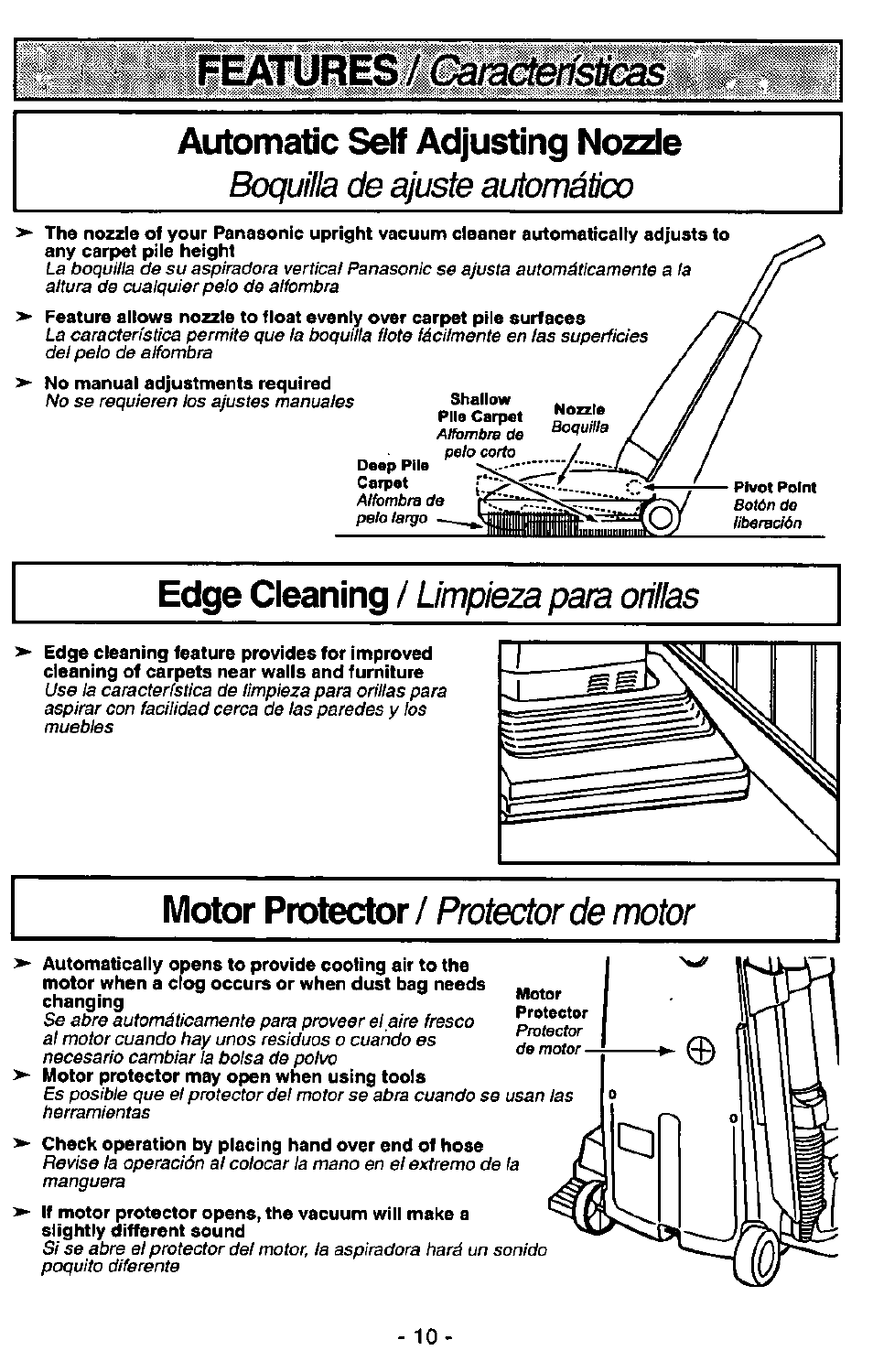 Automatic self adjusting nozzle, Edge cleaning, Motor protector | Boquilla de ajuste automático, Umfmza para oiillas, Protector de motor | Panasonic MC-V5227 User Manual | Page 10 / 24