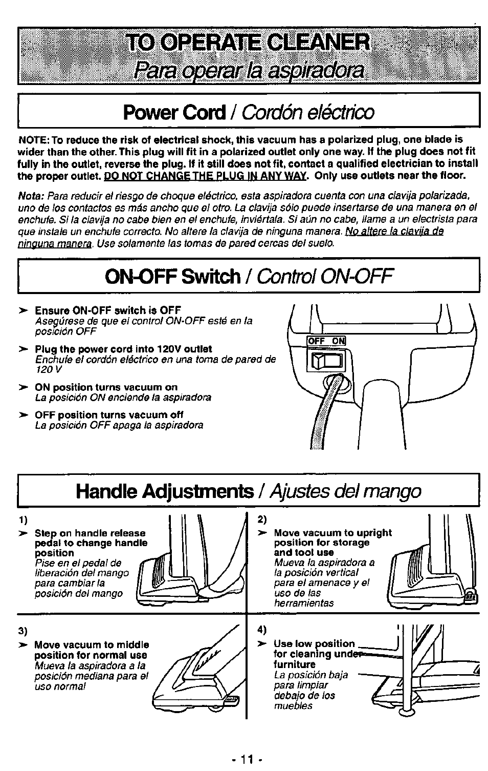 Ffi0®peit№otiineií, Power cord, On-off switch | Handle adjustments, Cordón eléctricx), Control on-off, Ajustes del mango | Panasonic MC-V5227 User Manual | Page 11 / 24