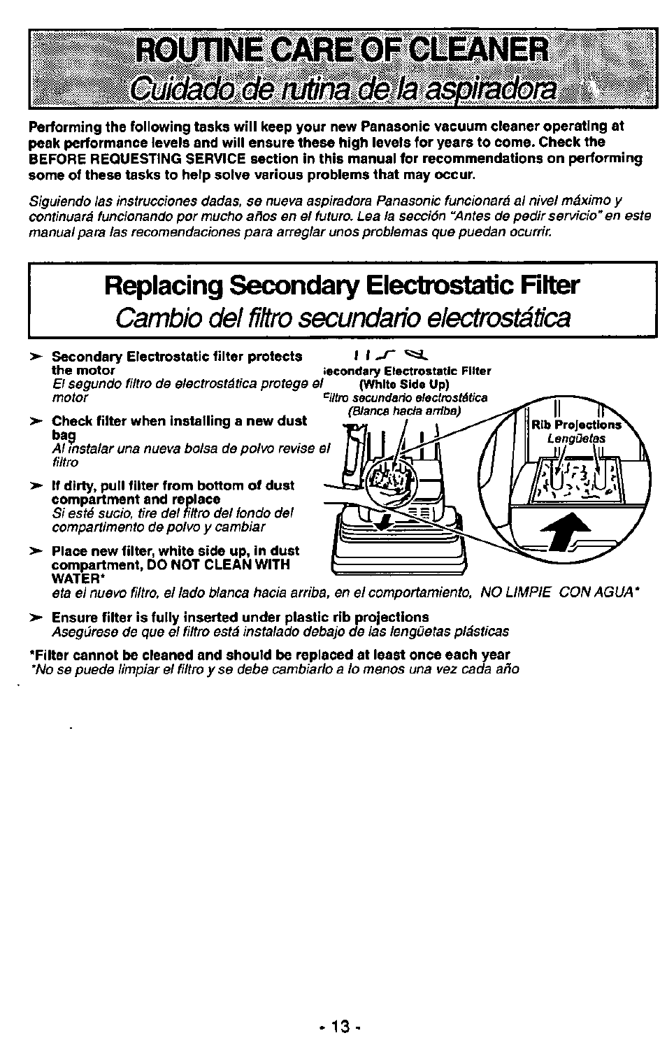 Aéfe(toa, Am№ìden&à <s¡á, Routine care oi'oi!b»ner | Replacing secondary electrostatic filter, Cambio dei filtro secundario electrostática | Panasonic MC-V5227 User Manual | Page 13 / 24