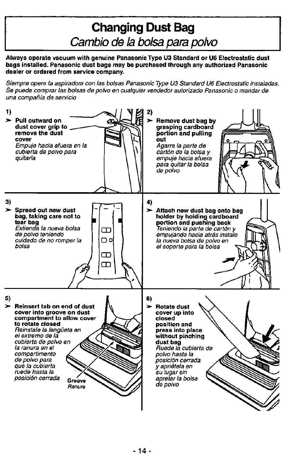 Changing dust bag, Cambio de la bolsa para polvo | Panasonic MC-V5227 User Manual | Page 14 / 24