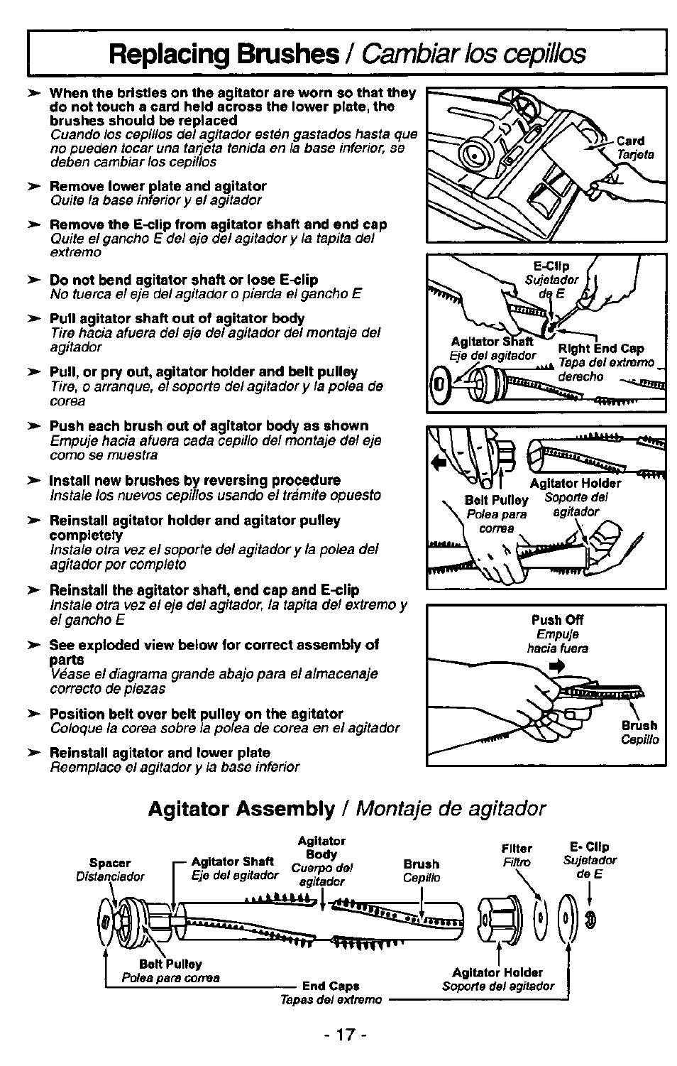 Replacing bmshes, Cambiarlos cepillos, Montaje de agitador | Agitator assembly | Panasonic MC-V5227 User Manual | Page 17 / 24