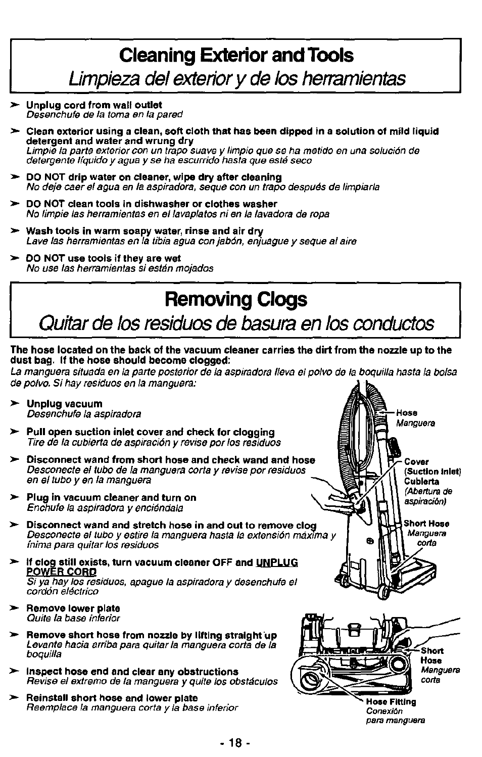 Cleaning exterior and tools, Removing clogs, Limpieza del exterior y de los herramientas | Quitar de ios residuos de basura en los conductos | Panasonic MC-V5227 User Manual | Page 18 / 24