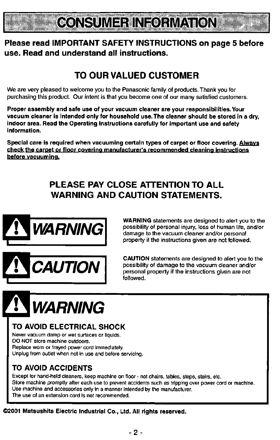 To our valued customer, To avoid electrical shock, To avoid accidents | Warning, Caution | Panasonic MC-V5227 User Manual | Page 2 / 24