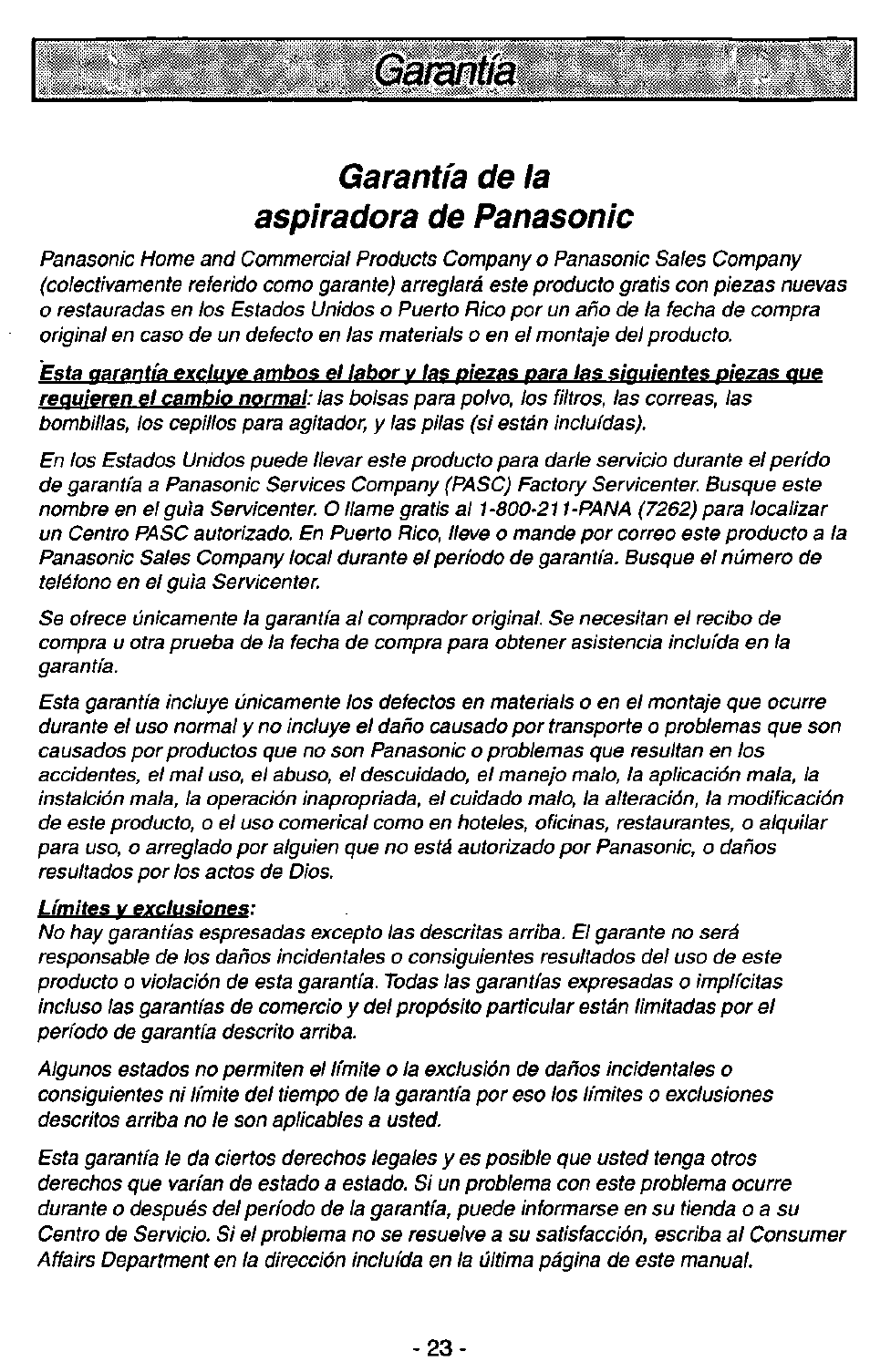 Garantía de la aspiradora de panasonic, Límites v exclusiones | Panasonic MC-V5227 User Manual | Page 23 / 24