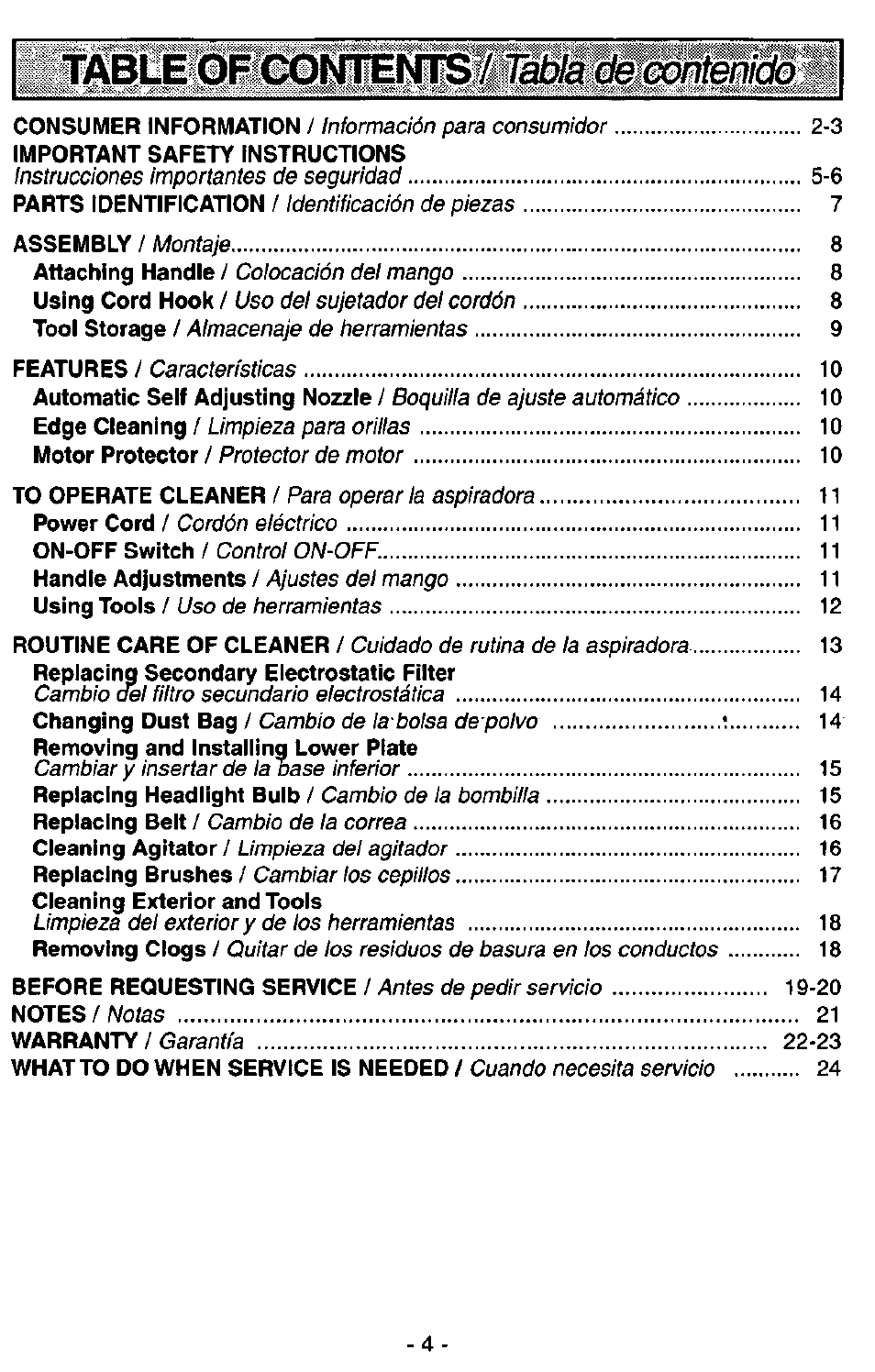 Consumer information, 3 important safety instructions, 6 parts identification | Assembly, Attaching handle, Using cord hook, Tool storage, Features, Automatic self adjusting nozzle, Edge cleaning | Panasonic MC-V5227 User Manual | Page 4 / 24