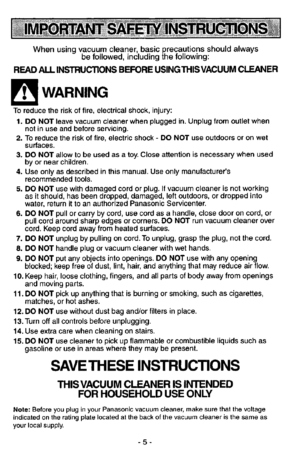 Warning, Save these instructions | Panasonic MC-V5227 User Manual | Page 5 / 24