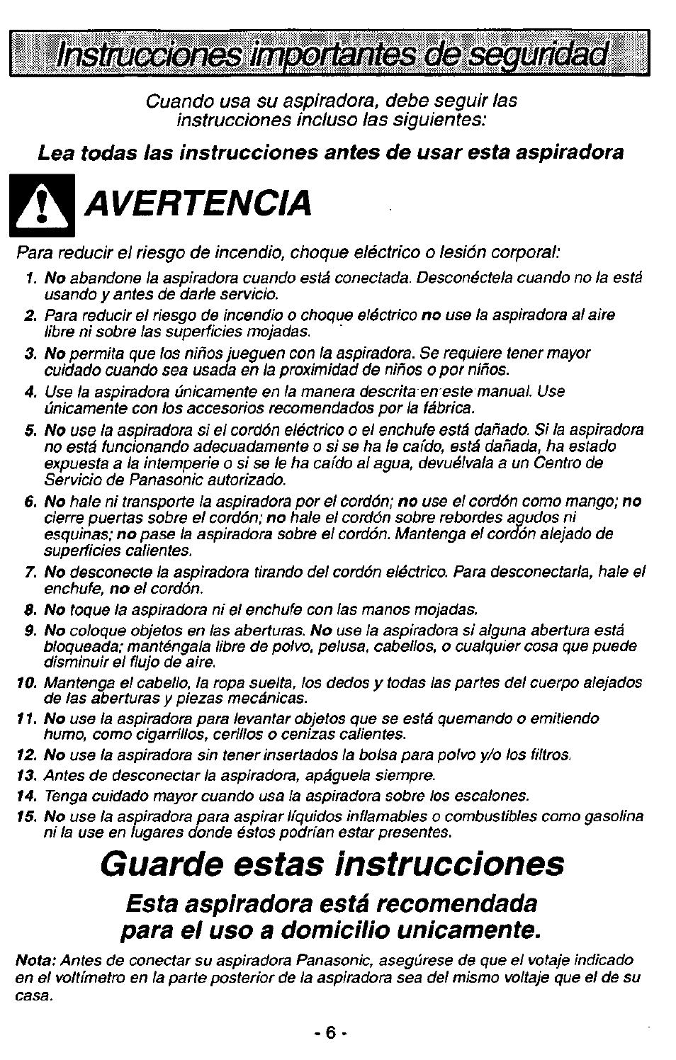 Avertencia, Guarde estas instrucciones | Panasonic MC-V5227 User Manual | Page 6 / 24