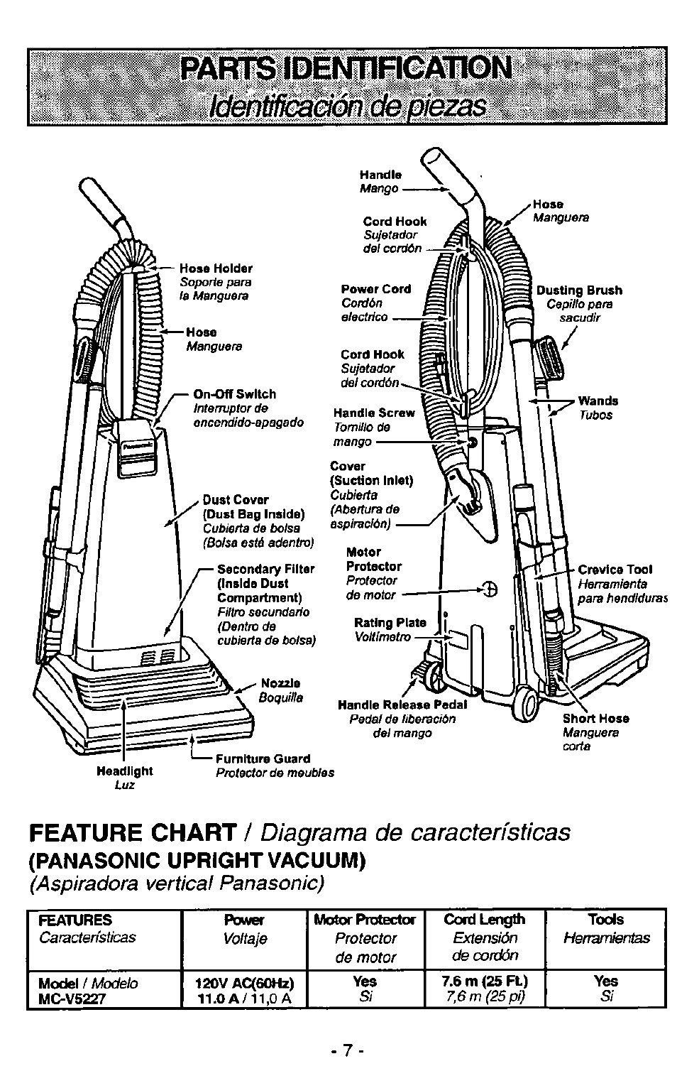 Panasonic upright vacuum), Feature chart, Diagrama de características | Aspiradora vertical panasonic), Hose | Panasonic MC-V5227 User Manual | Page 7 / 24