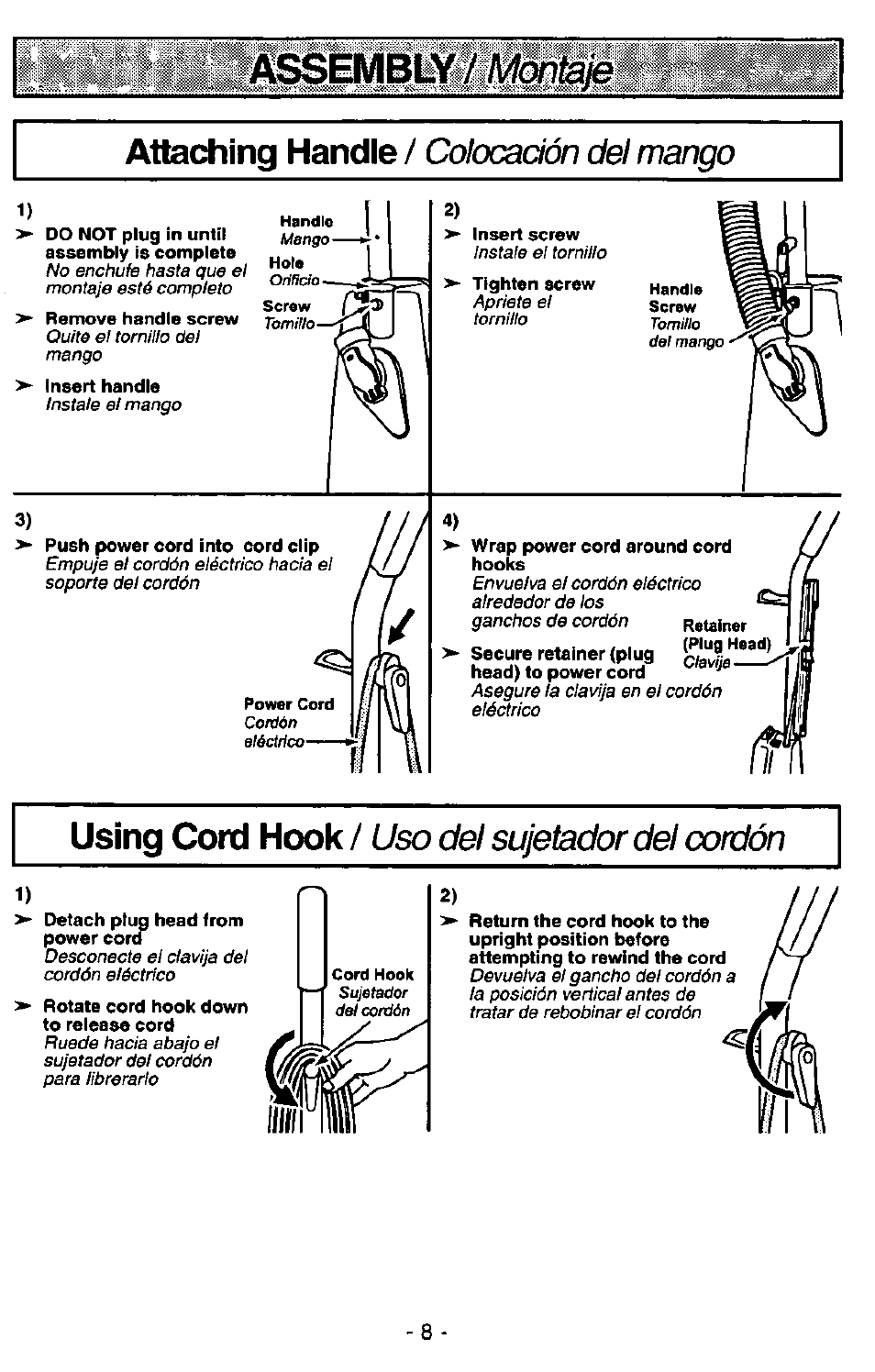 Assembly, Attaching handle, Colocación del mango | P'« a a | Panasonic MC-V5227 User Manual | Page 8 / 24