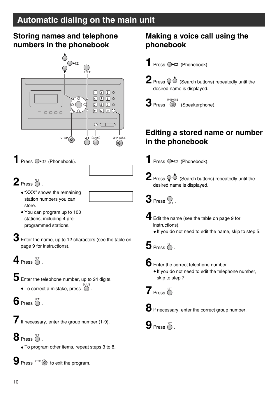 Automatic dialing on the main unit | Panasonic KX-PW110CL User Manual | Page 10 / 20
