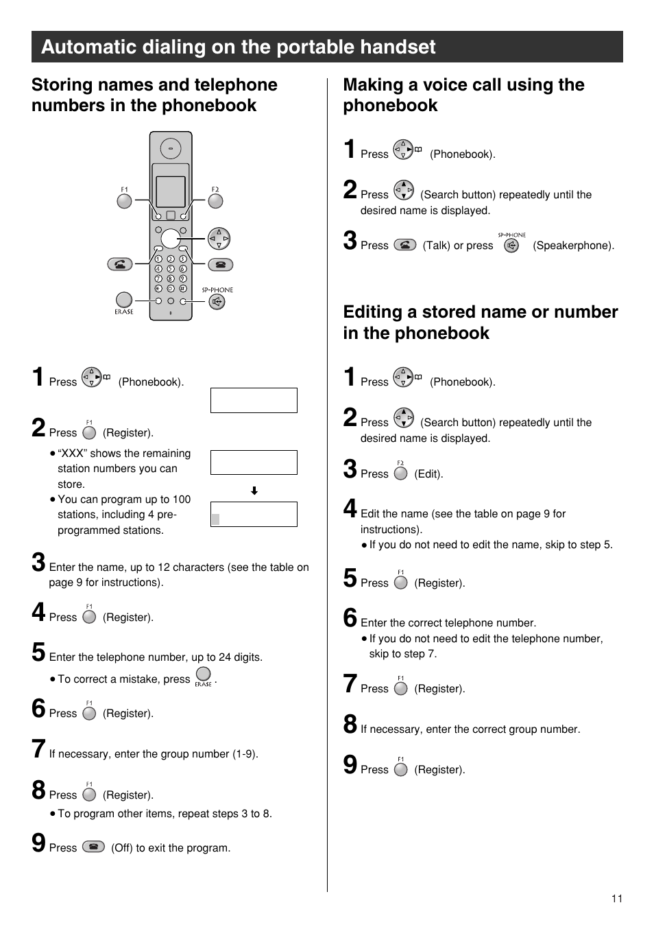 Automatic dialing on the portable handset | Panasonic KX-PW110CL User Manual | Page 11 / 20