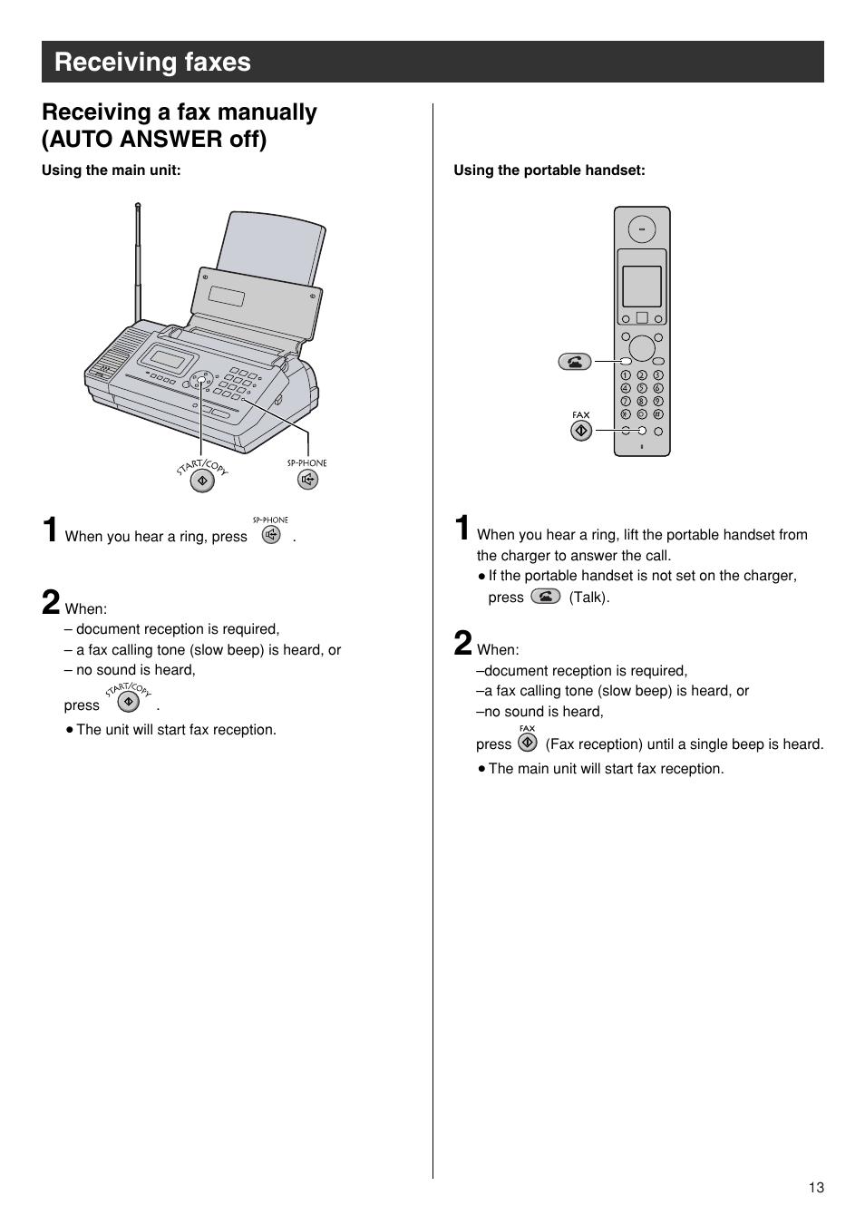 Receiving faxes, Receiving a fax manually (auto answer off) | Panasonic KX-PW110CL User Manual | Page 13 / 20