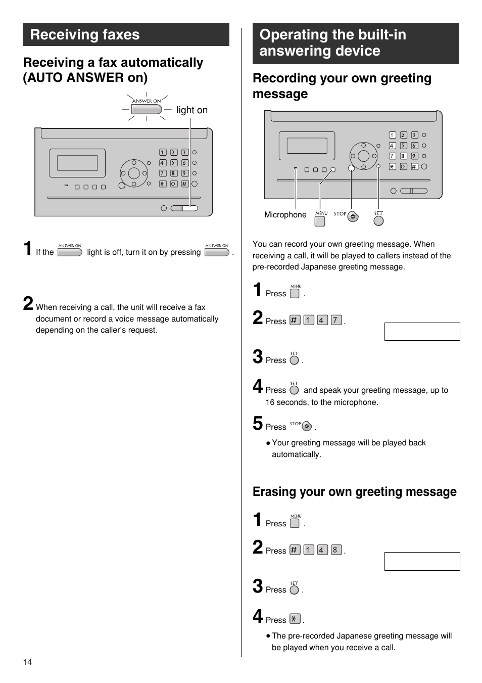 Receiving faxes, Operating the built-in answering device | Panasonic KX-PW110CL User Manual | Page 14 / 20