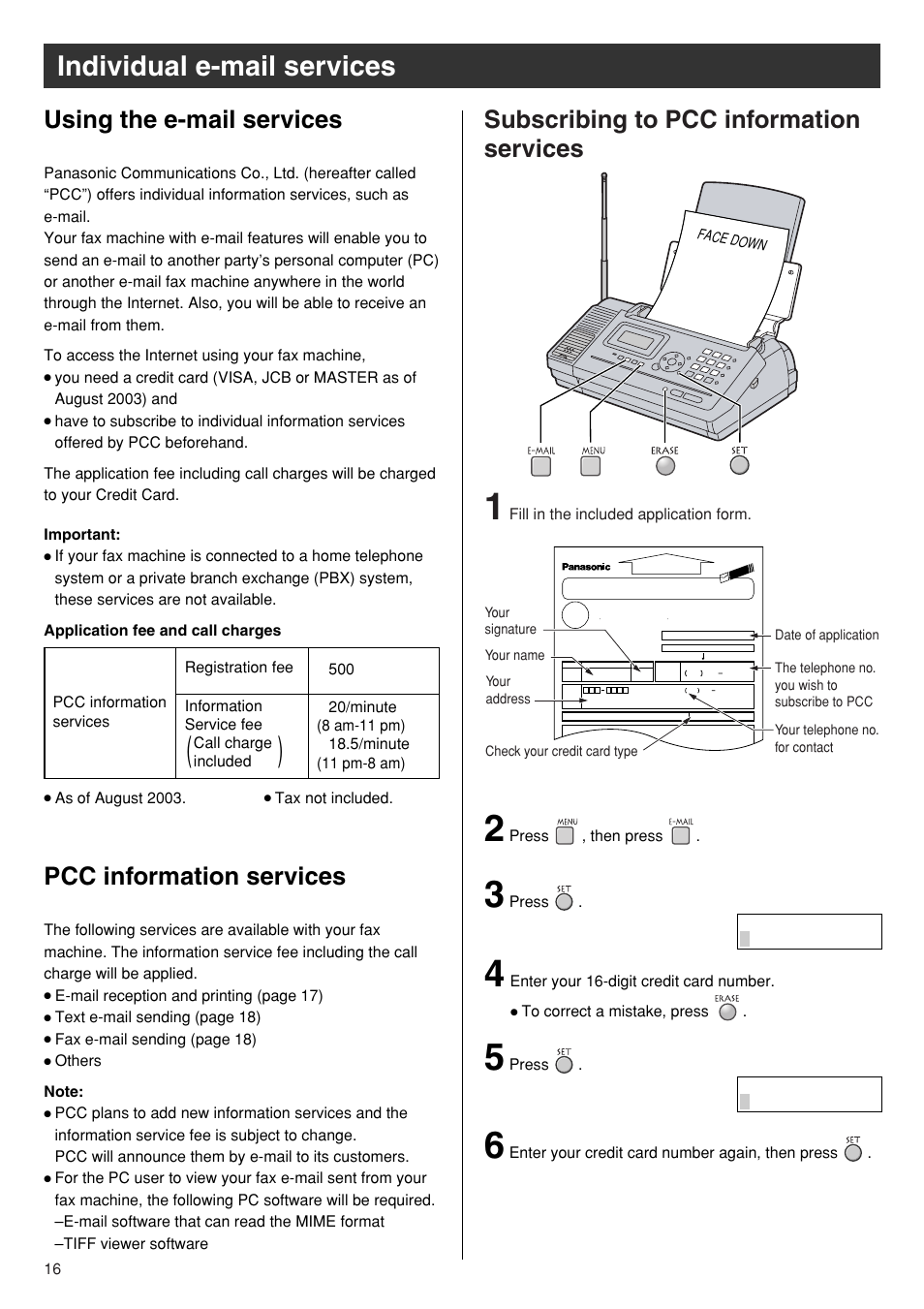 Individual e-mail services, Subscribing to pcc information services, Using the e-mail services | Pcc information services | Panasonic KX-PW110CL User Manual | Page 16 / 20