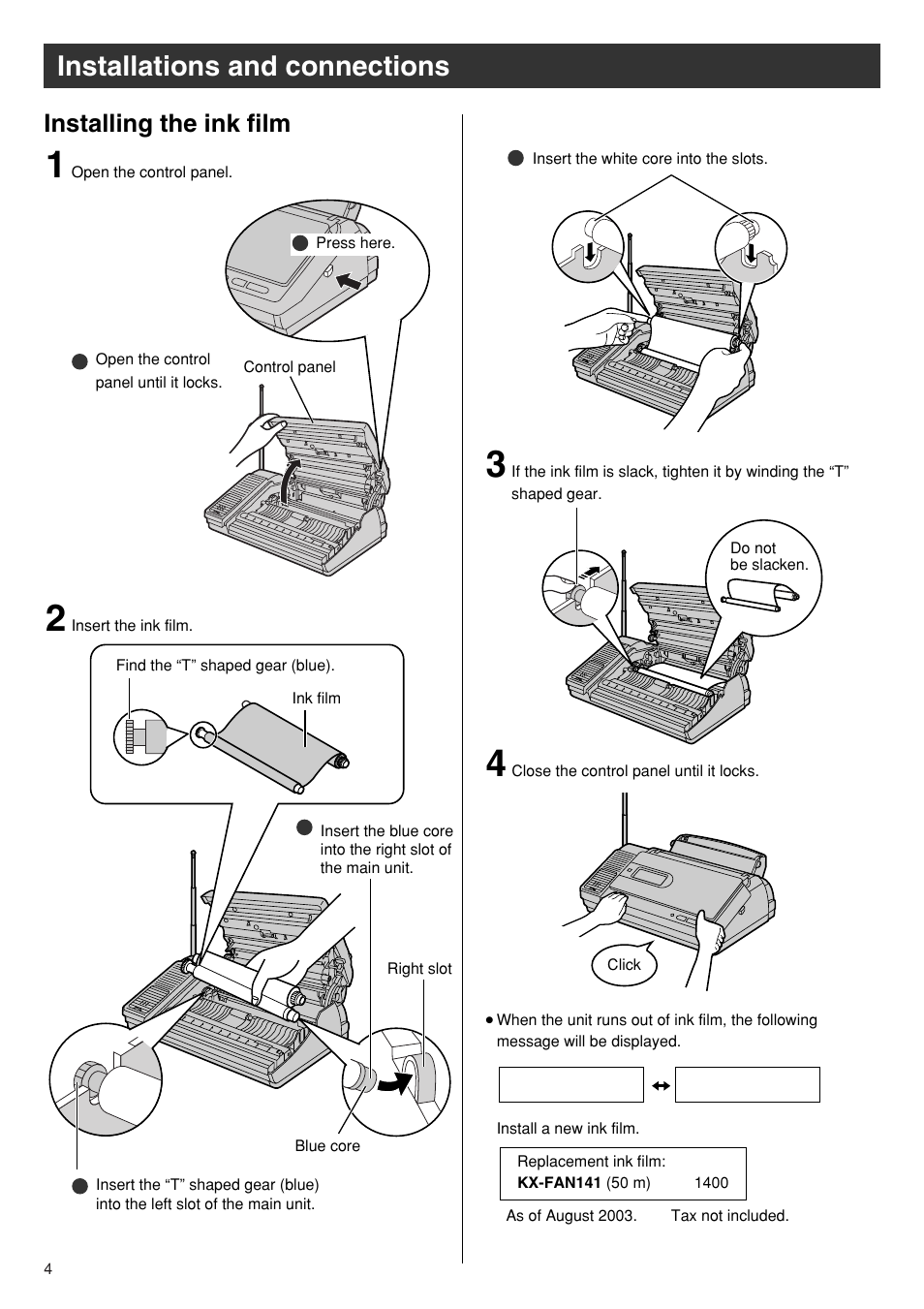 Installations and connections, Installing the ink film | Panasonic KX-PW110CL User Manual | Page 4 / 20