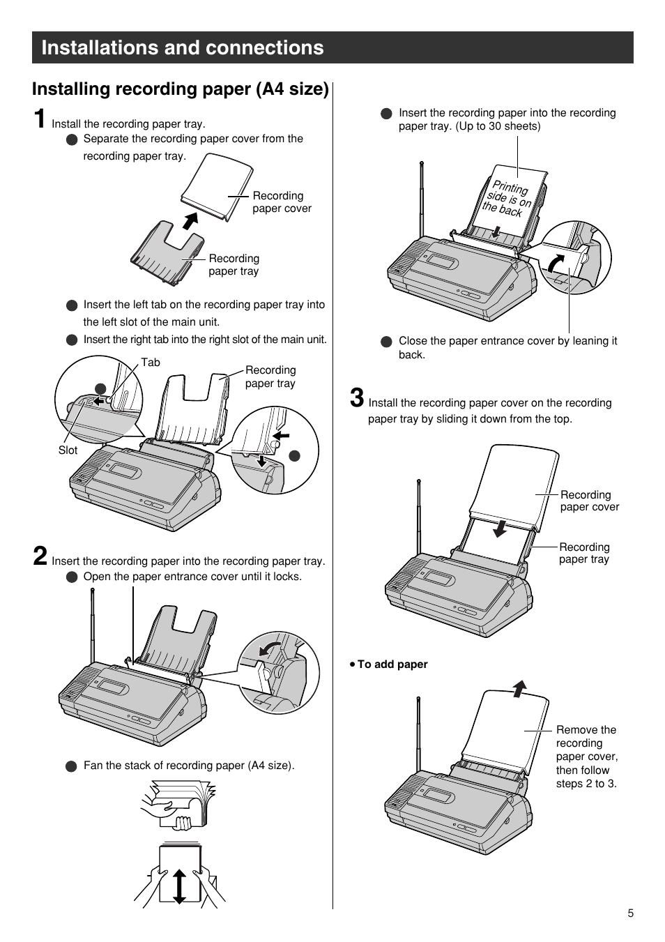 Installations and connections, Installing recording paper (a4 size) | Panasonic KX-PW110CL User Manual | Page 5 / 20