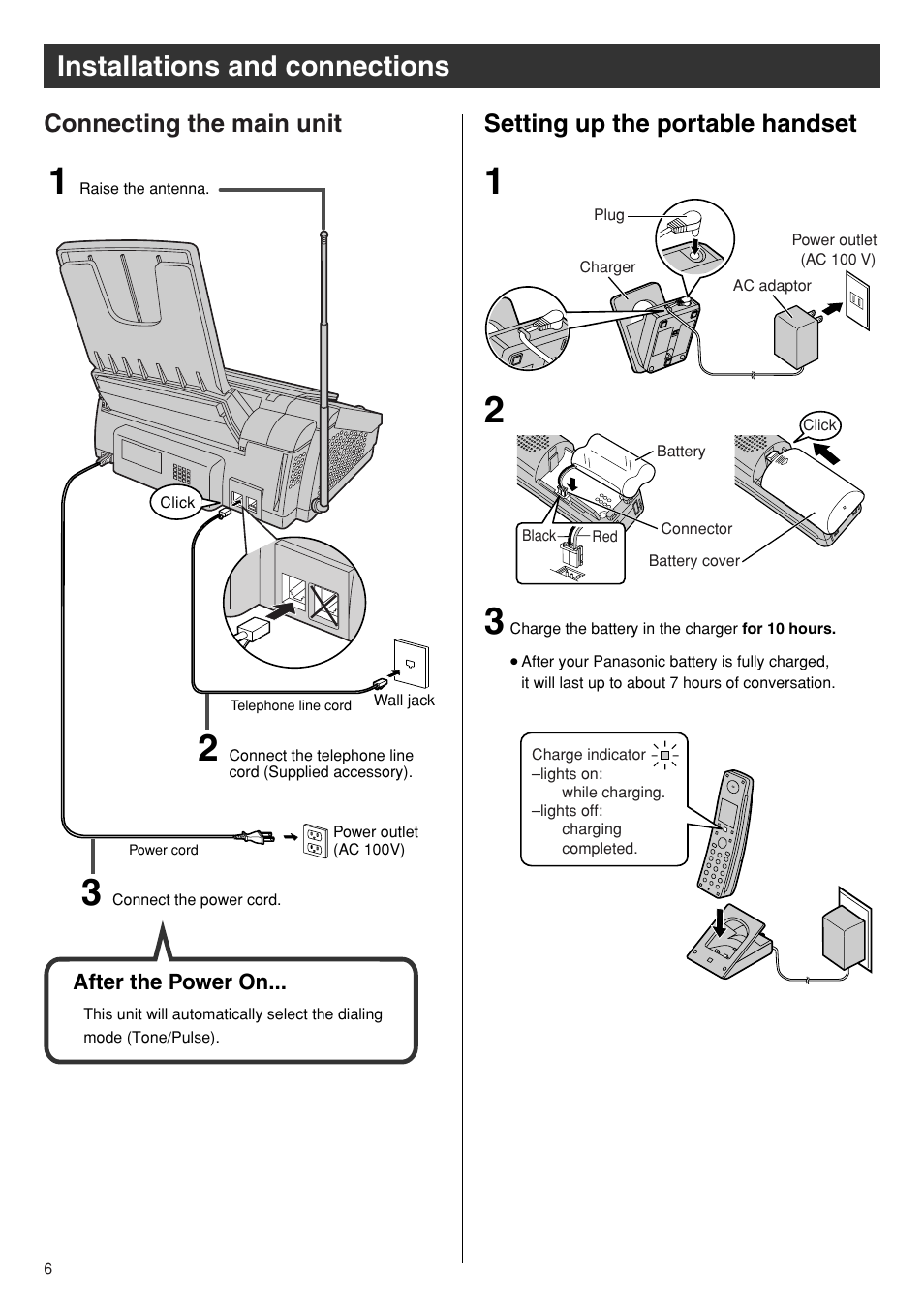 Installations and connections, Connecting the main unit, Setting up the portable handset | Panasonic KX-PW110CL User Manual | Page 6 / 20