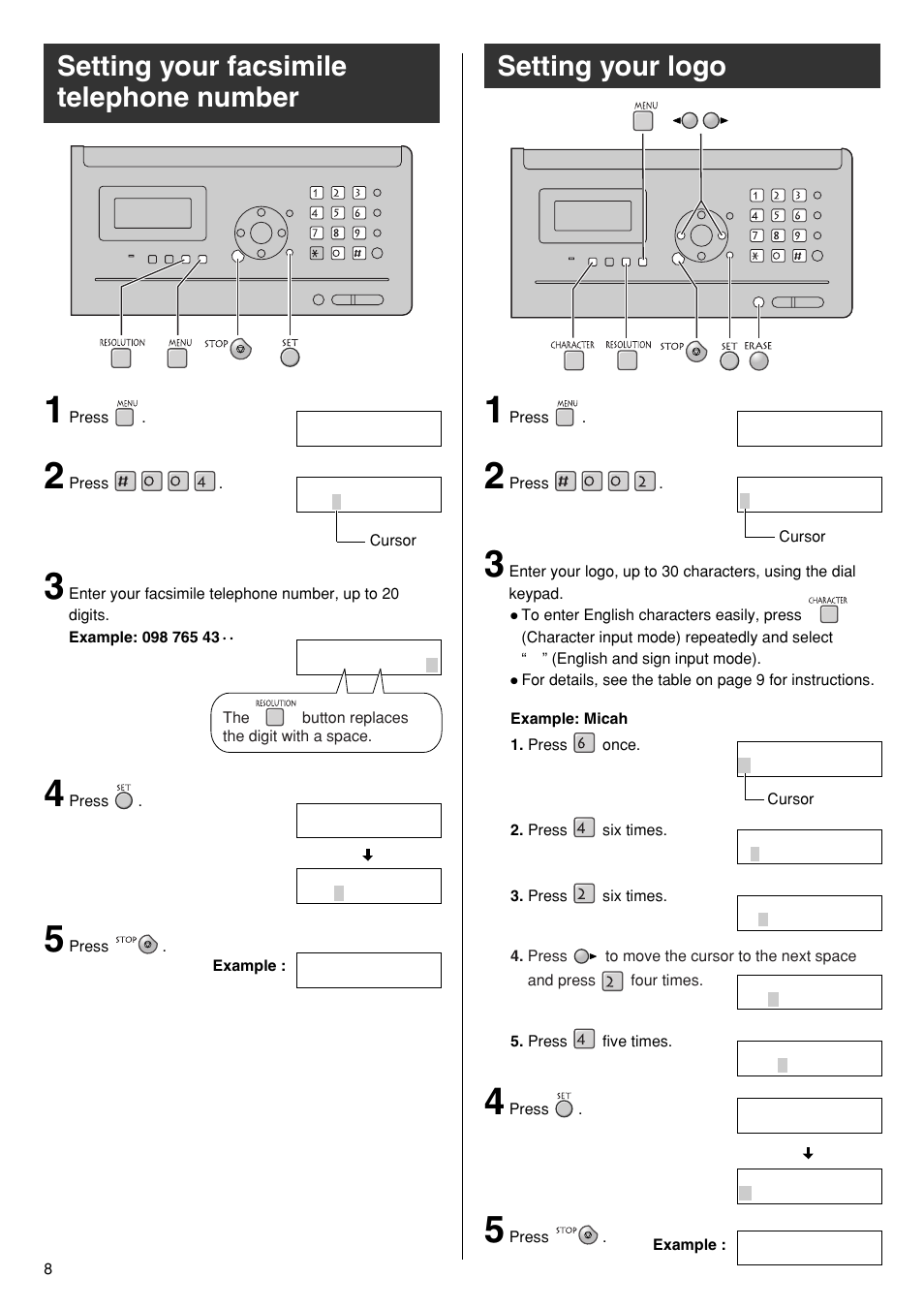 Setting your logo, Setting your facsimile telephone number | Panasonic KX-PW110CL User Manual | Page 8 / 20