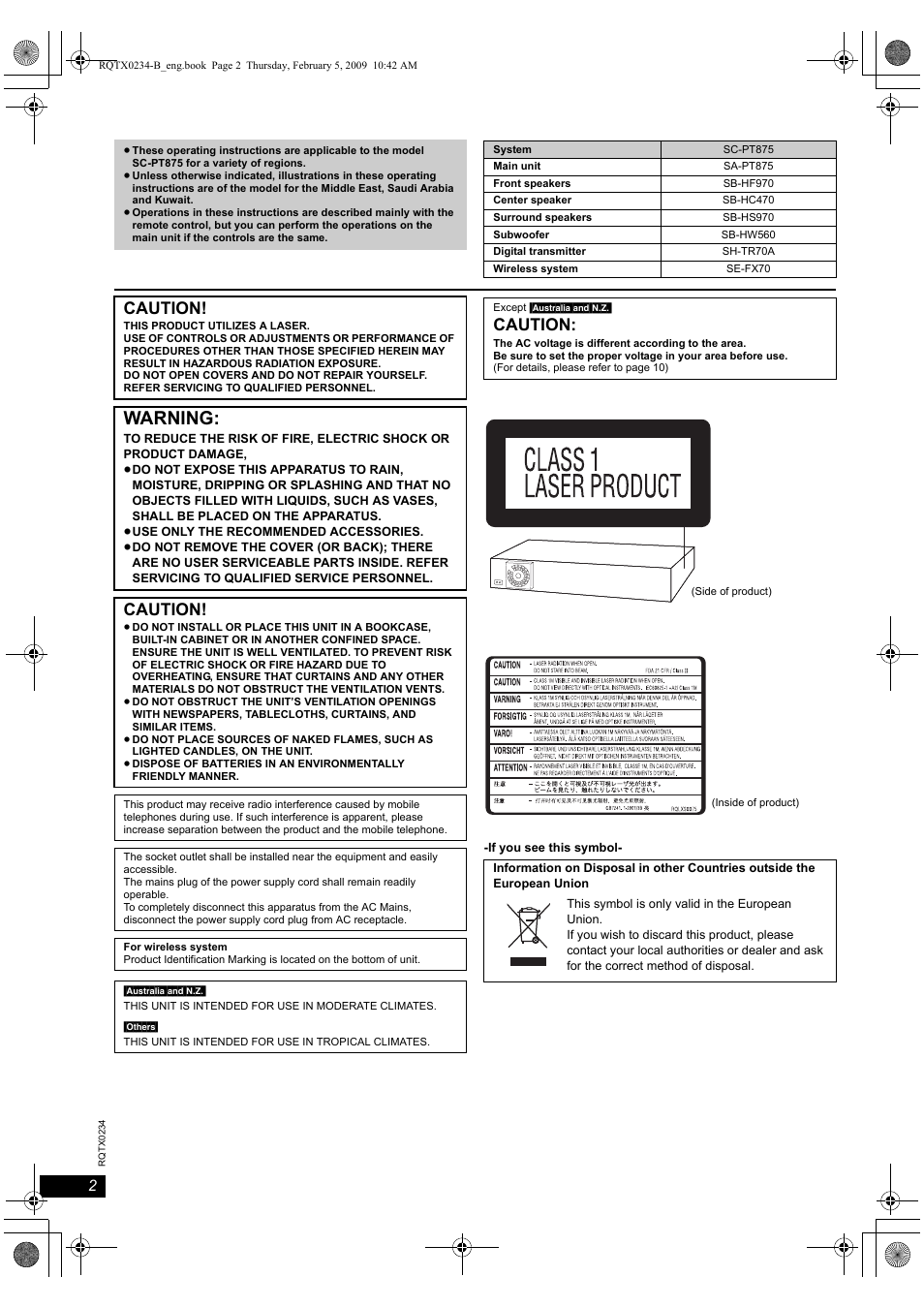 Warning, Caution | Panasonic SC-PT875 User Manual | Page 2 / 40