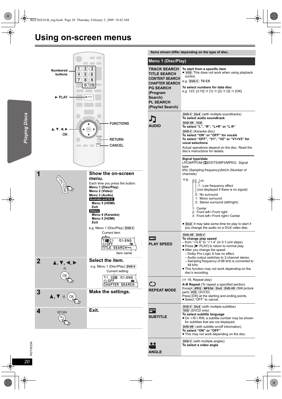 Using on-screen menus | Panasonic SC-PT875 User Manual | Page 20 / 40