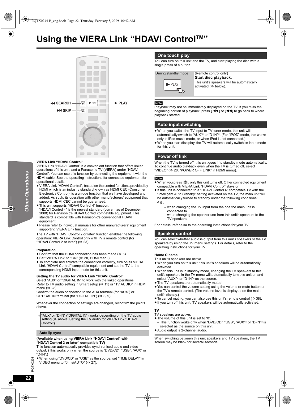 Using the viera link “hdavi control | Panasonic SC-PT875 User Manual | Page 22 / 40