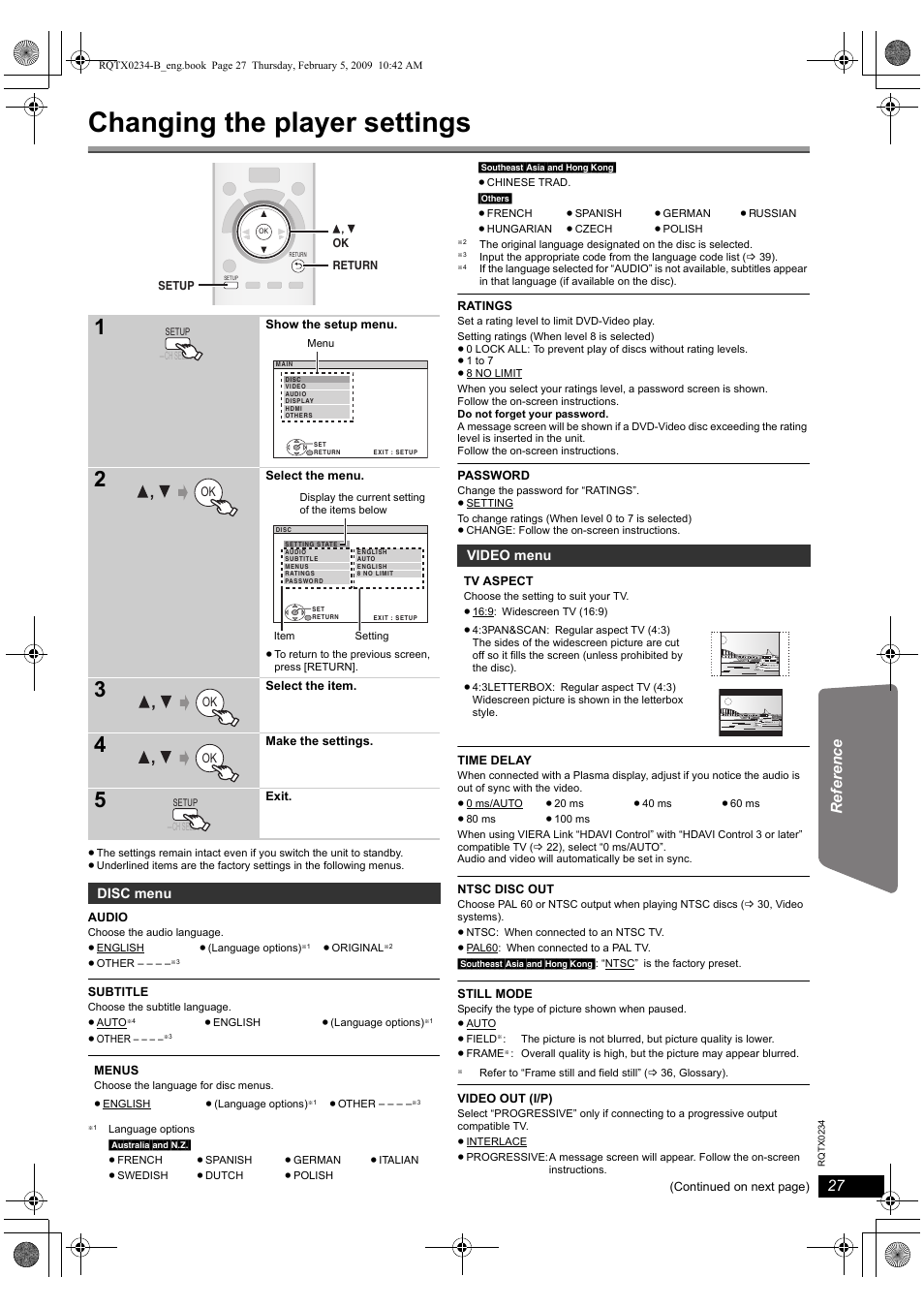 Changing the player settings | Panasonic SC-PT875 User Manual | Page 27 / 40