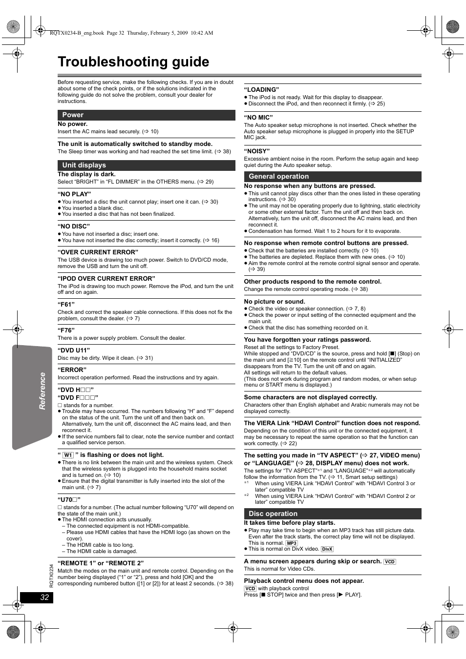 Troubleshooting guide | Panasonic SC-PT875 User Manual | Page 32 / 40