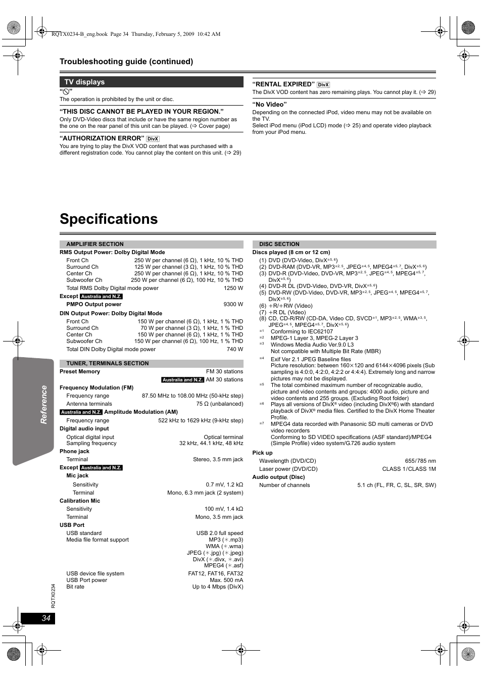 Specifications, Tv displays | Panasonic SC-PT875 User Manual | Page 34 / 40