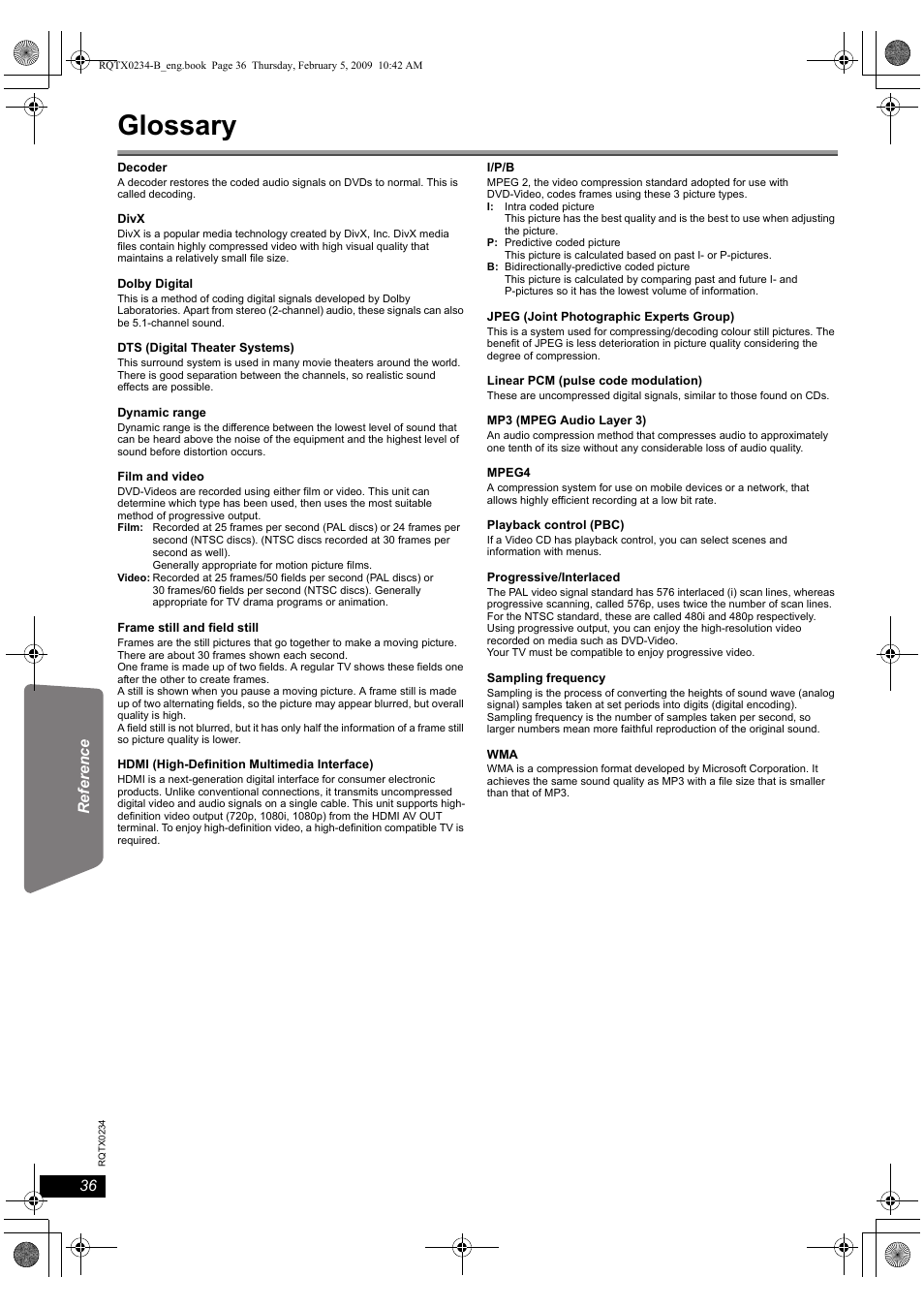 Glossary | Panasonic SC-PT875 User Manual | Page 36 / 40