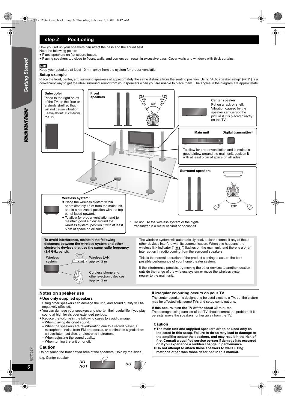 Quick start gu ide, Getting s tarted, Step 2 positioning | Panasonic SC-PT875 User Manual | Page 6 / 40