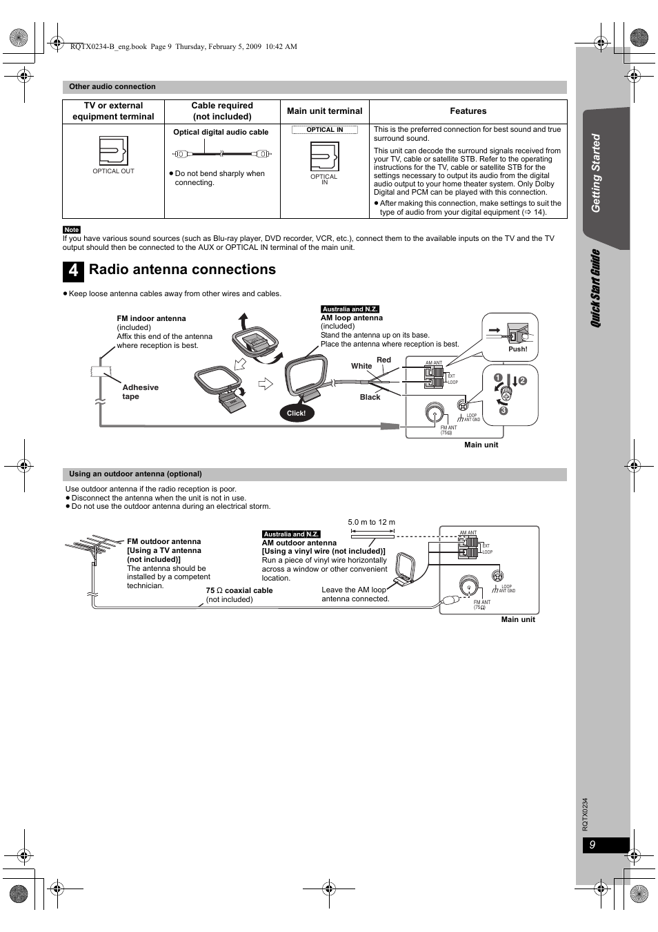 Radio antenna connections, Quick start gu ide, Getting s tarted | Panasonic SC-PT875 User Manual | Page 9 / 40