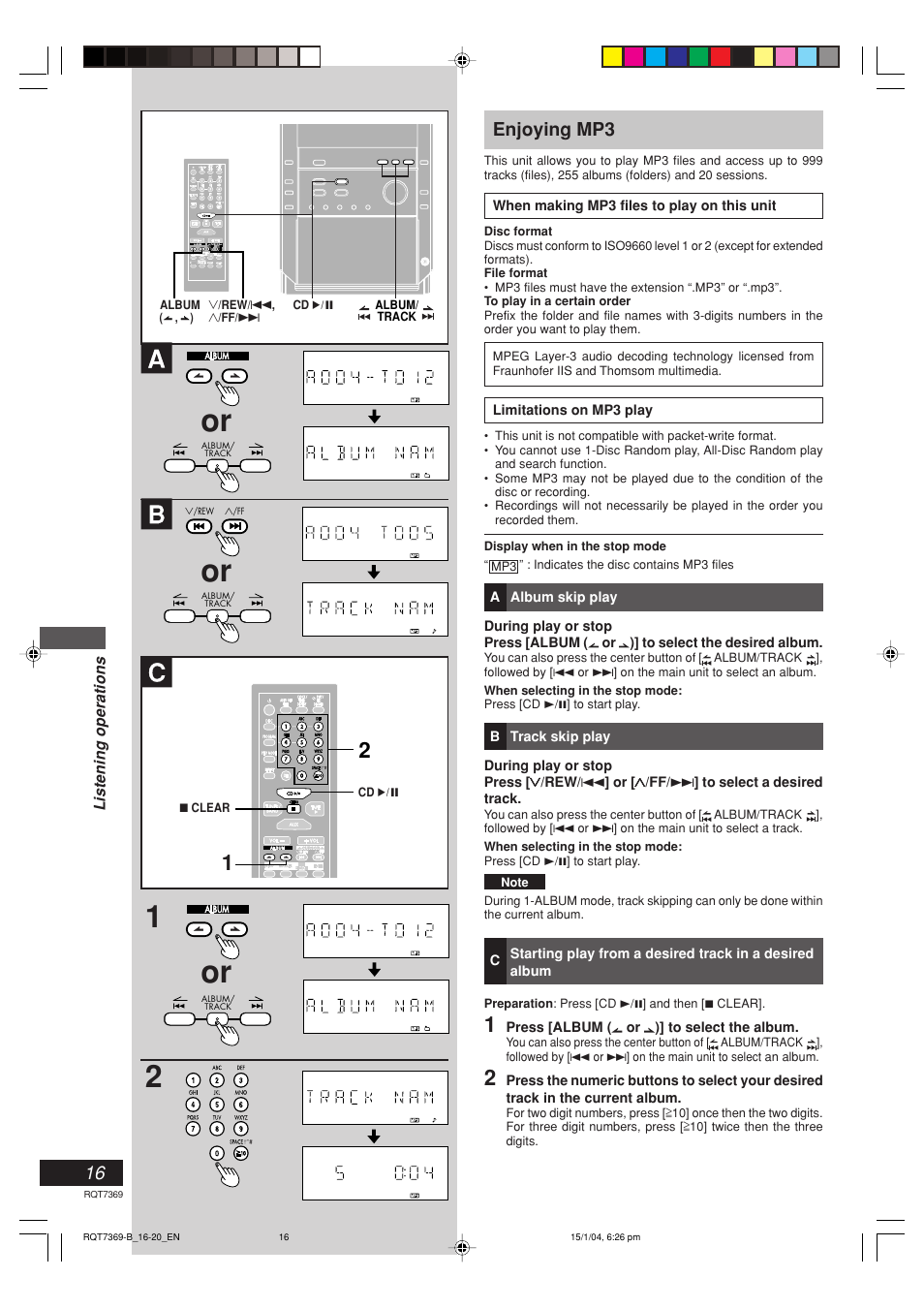 Enjoying mp3 | Panasonic SCPM19 User Manual | Page 16 / 28