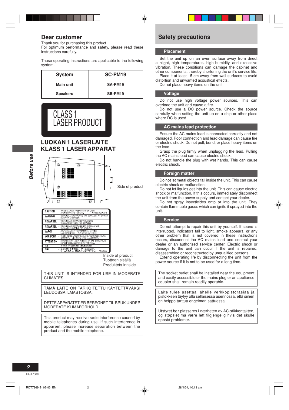 Safety precautions, Dear customer | Panasonic SCPM19 User Manual | Page 2 / 28