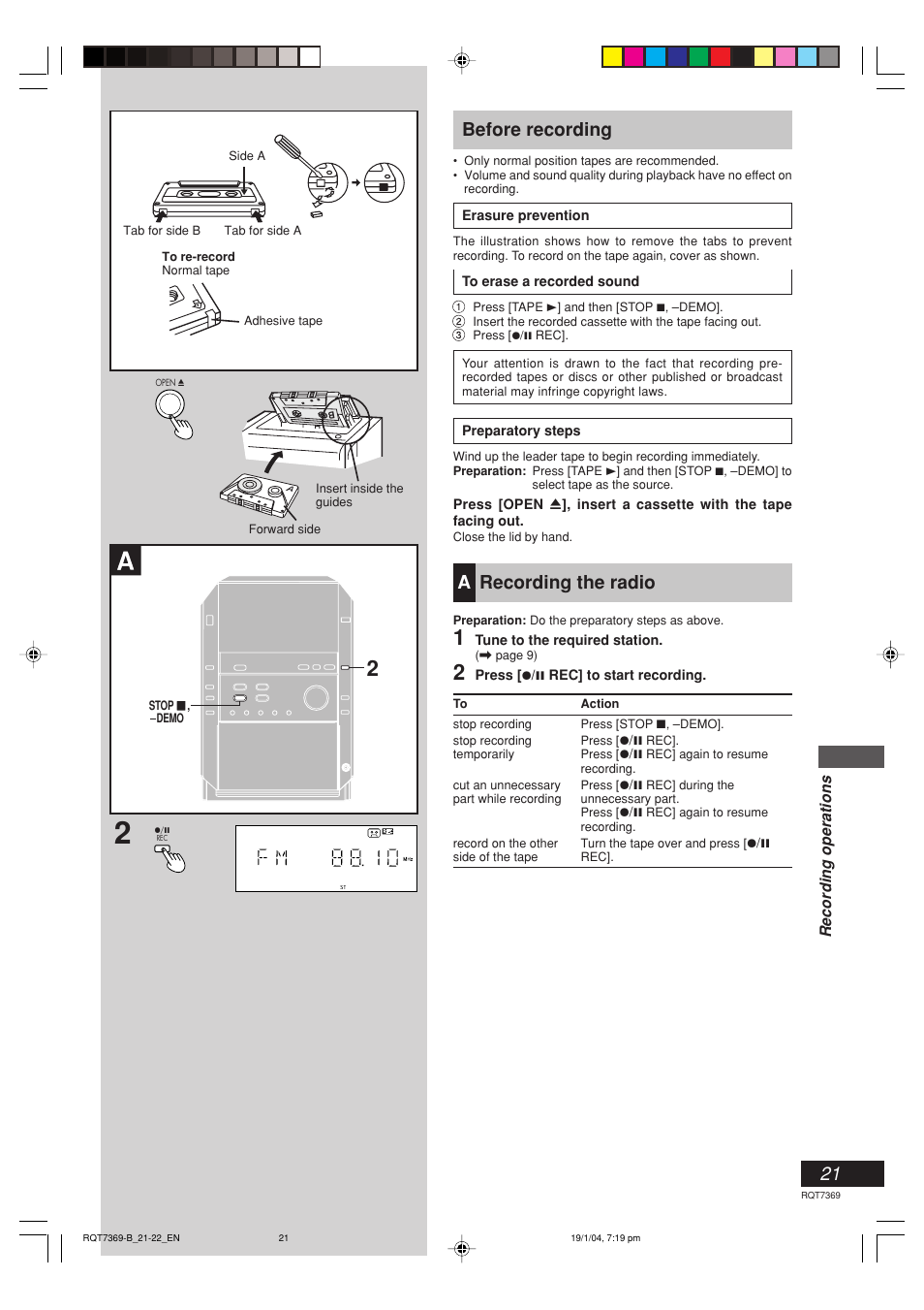 Before recording, Arecording the radio | Panasonic SCPM19 User Manual | Page 21 / 28
