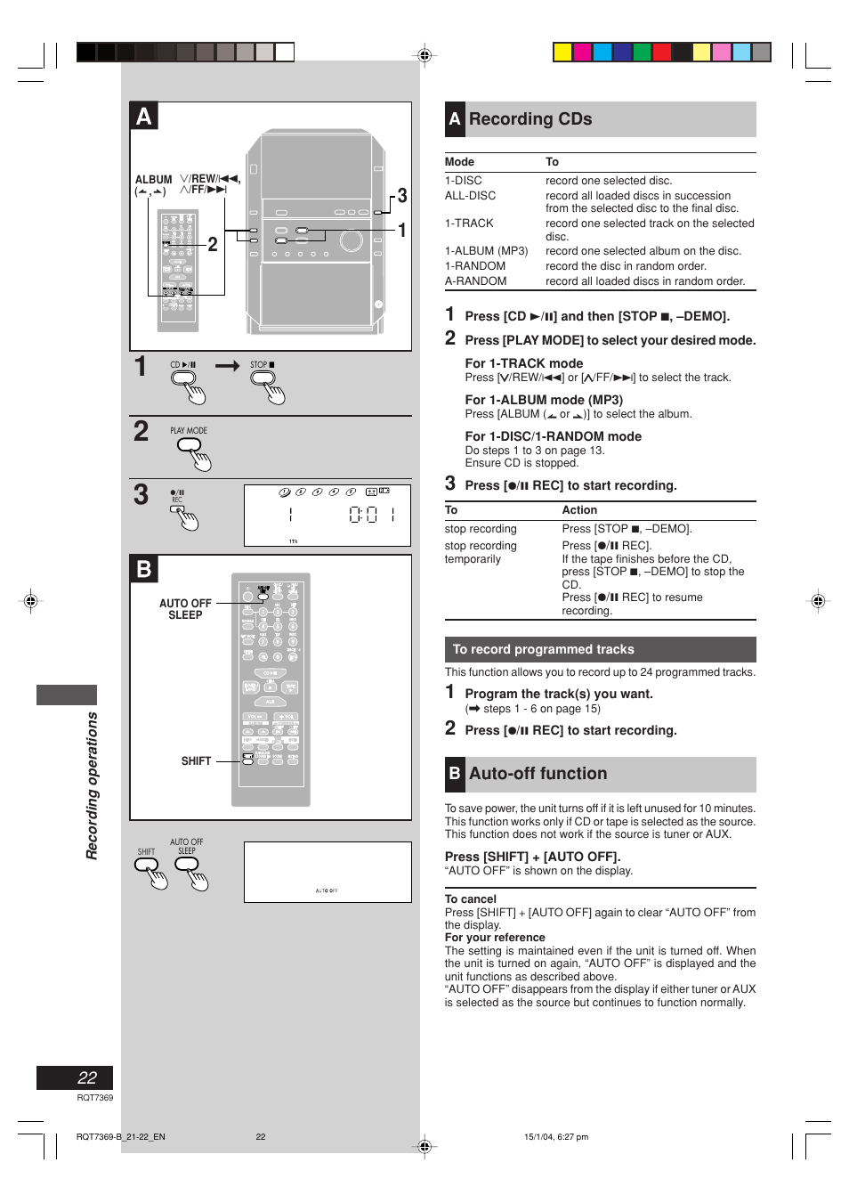 Arecording cds, Bauto-off function | Panasonic SCPM19 User Manual | Page 22 / 28