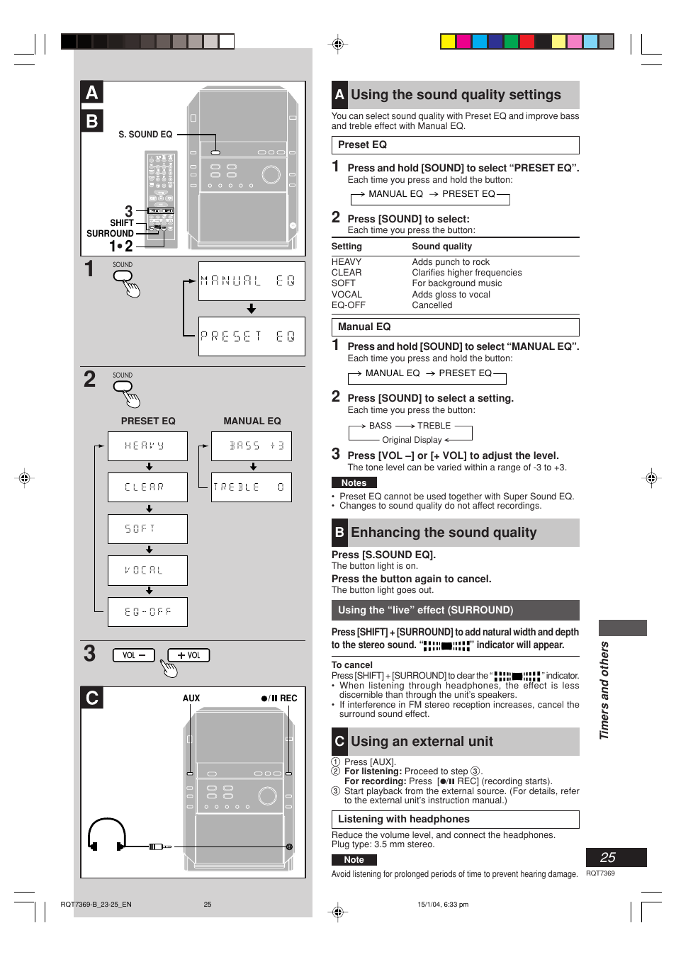 Ausing the sound quality settings, Benhancing the sound quality, Cusing an external unit | Panasonic SCPM19 User Manual | Page 25 / 28