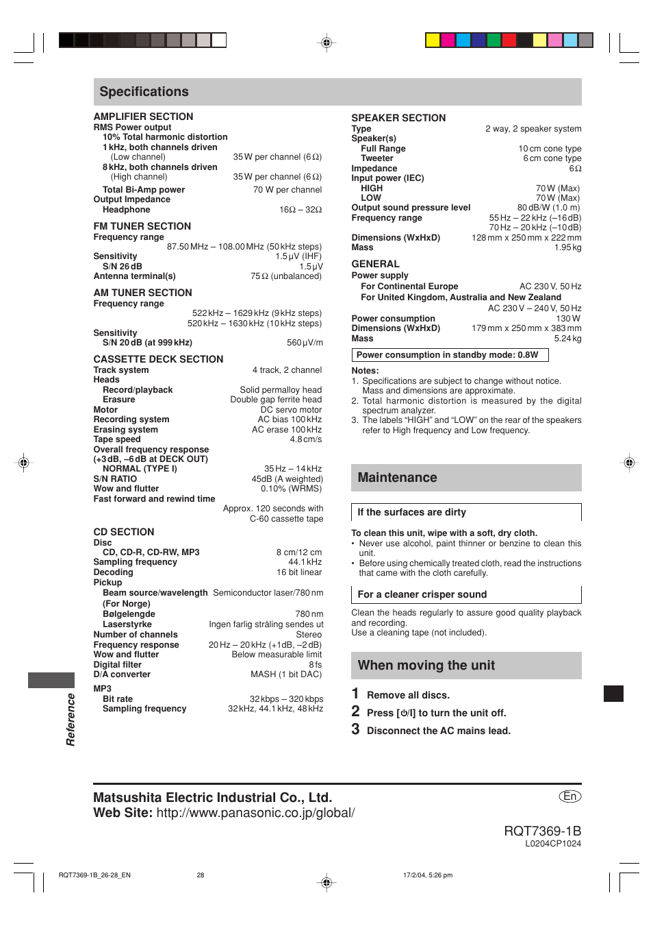 Specifications, Maintenance, When moving the unit | Panasonic SCPM19 User Manual | Page 28 / 28