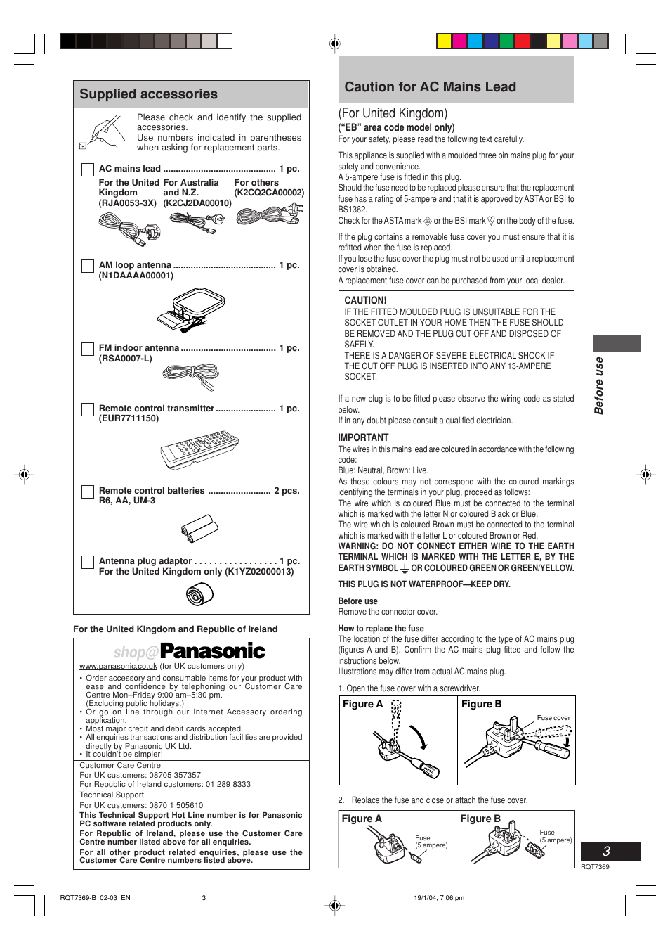 Shop, Supplied accessories, Caution for ac mains lead (for united kingdom) | Before use | Panasonic SCPM19 User Manual | Page 3 / 28