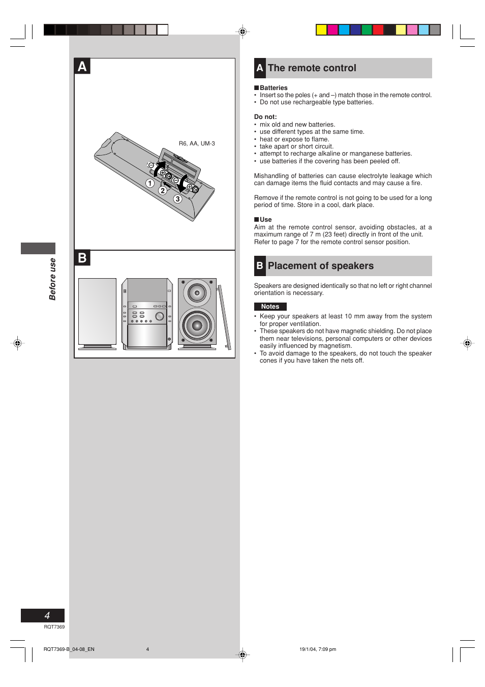 Athe remote control, Bplacement of speakers | Panasonic SCPM19 User Manual | Page 4 / 28