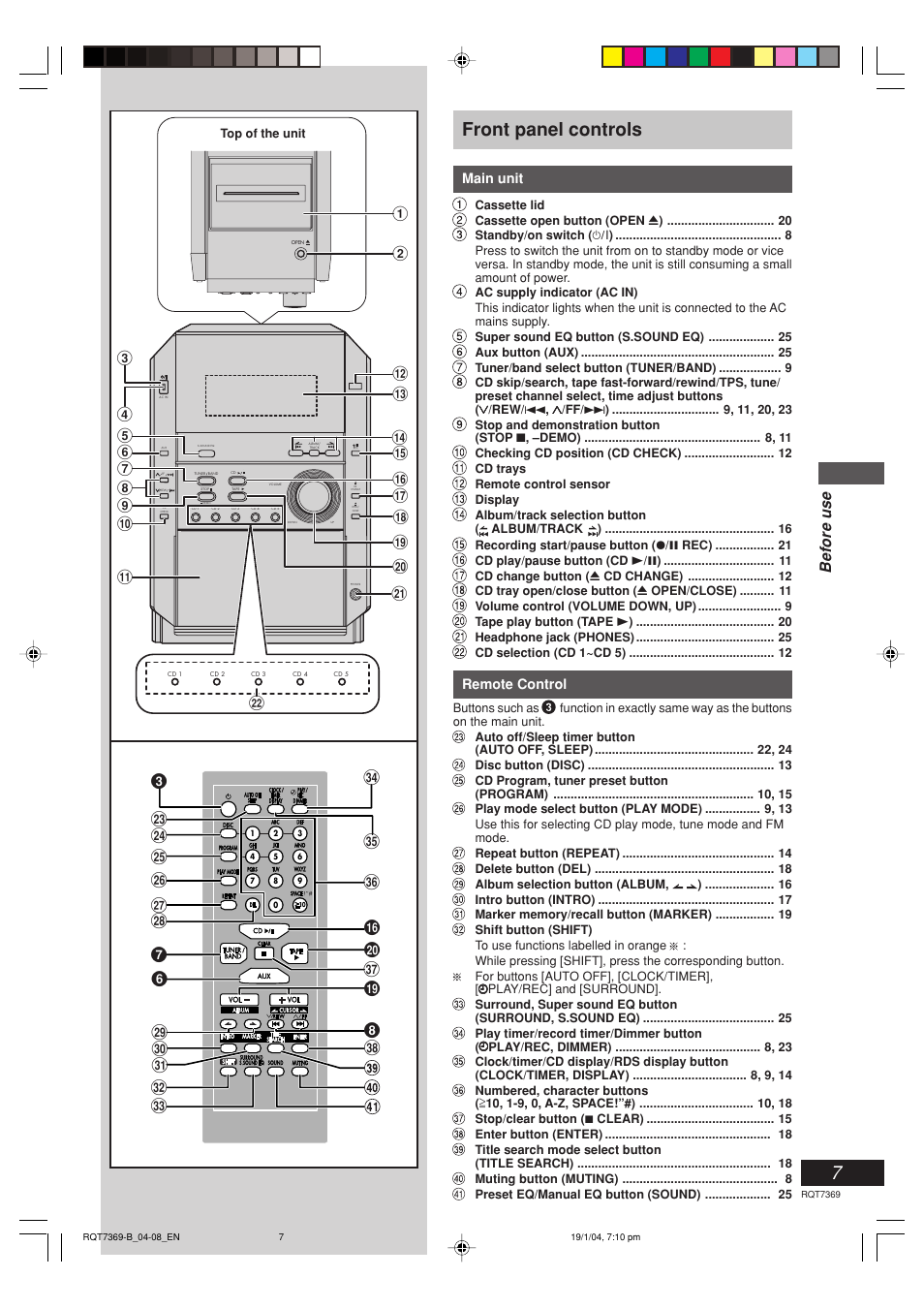 Front panel controls, Before use | Panasonic SCPM19 User Manual | Page 7 / 28