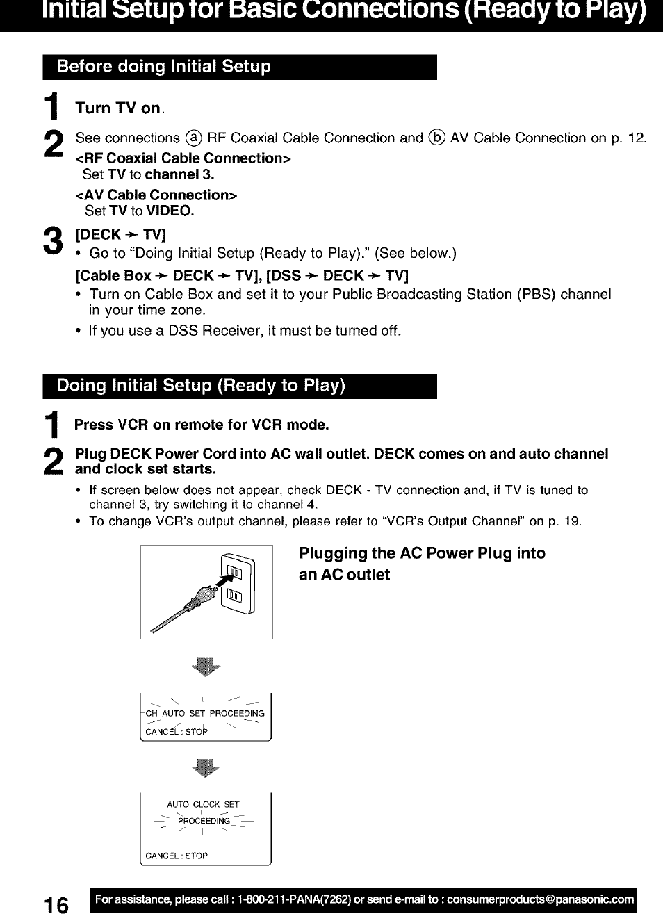 Before doing initial setup, Turn tv on, Doing initial setup (ready to play) | Plugging the ac power plug into an ac outlet | Panasonic PV-D4752 User Manual | Page 16 / 60